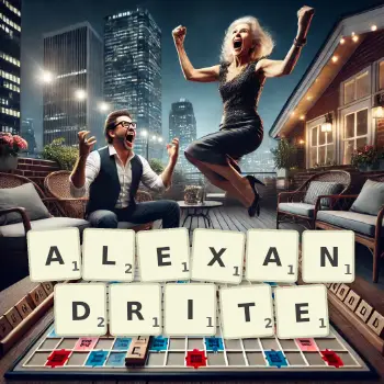 Creative illustration for a Scrabble game with the word ALEXANDRITE spelled out in tiles on the board.