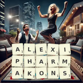 Creative illustration for a Scrabble game with the word ALEXIPHARMAKONS spelled out in tiles on the board.