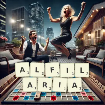 Creative illustration for a Scrabble game with the word ALFILARIA spelled out in tiles on the board.