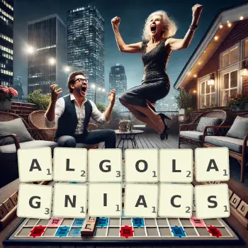 Creative illustration for a Scrabble game with the word ALGOLAGNIACS spelled out in tiles on the board.