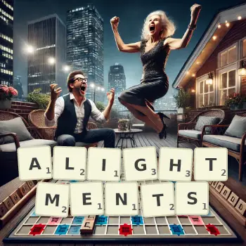 Creative illustration for a Scrabble game with the word ALIGHTMENTS spelled out in tiles on the board.