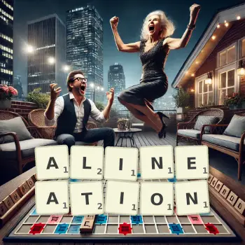 Creative illustration for a Scrabble game with the word ALINEATION spelled out in tiles on the board.