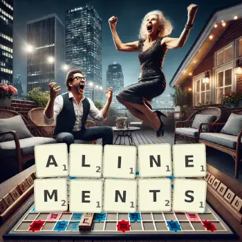 Creative illustration for a Scrabble game with the word ALINEMENTS spelled out in tiles on the board.