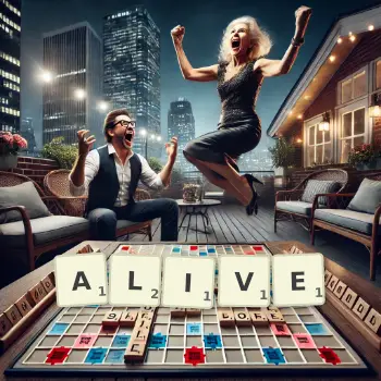 Creative illustration for a Scrabble game with the word ALIVE spelled out in tiles on the board.