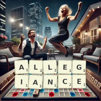 Creative illustration for a Scrabble game with the word ALLEGIANCE spelled out in tiles on the board.