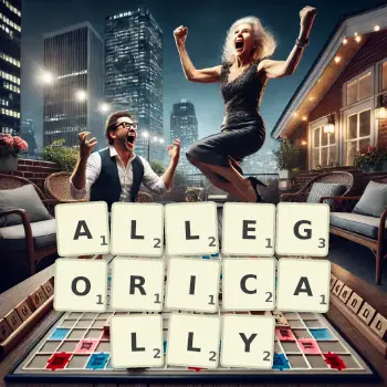 Creative illustration for a Scrabble game with the word ALLEGORICALLY spelled out in tiles on the board.