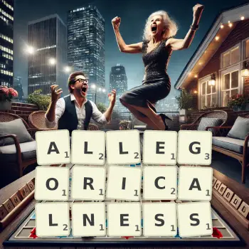 Creative illustration for a Scrabble game with the word ALLEGORICALNESS spelled out in tiles on the board.