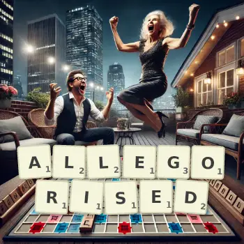 Creative illustration for a Scrabble game with the word ALLEGORISED spelled out in tiles on the board.