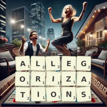 Creative illustration for a Scrabble game with the word ALLEGORIZATIONS spelled out in tiles on the board.