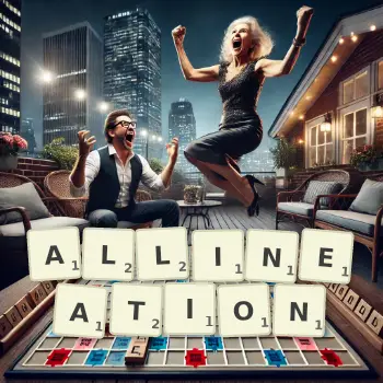 Creative illustration for a Scrabble game with the word ALLINEATION spelled out in tiles on the board.