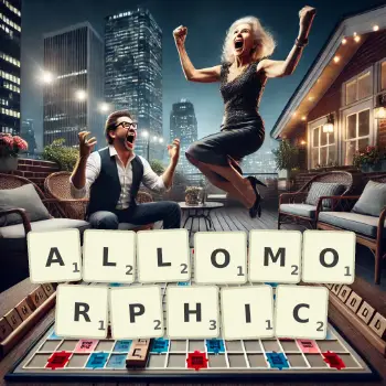 Creative illustration for a Scrabble game with the word ALLOMORPHIC spelled out in tiles on the board.