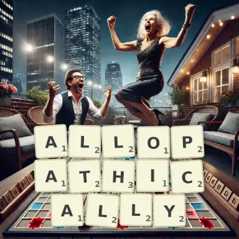 Creative illustration for a Scrabble game with the word ALLOPATHICALLY spelled out in tiles on the board.