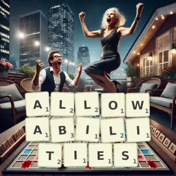 Creative illustration for a Scrabble game with the word ALLOWABILITIES spelled out in tiles on the board.