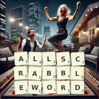 Creative illustration for a Scrabble game with the word ALLSCRABBLEWORD spelled out in tiles on the board.
