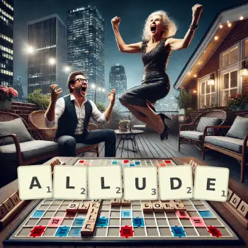 Creative illustration for a Scrabble game with the word ALLUDE spelled out in tiles on the board.