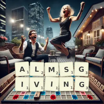 Creative illustration for a Scrabble game with the word ALMSGIVING spelled out in tiles on the board.