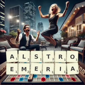 Creative illustration for a Scrabble game with the word ALSTROEMERIA spelled out in tiles on the board.