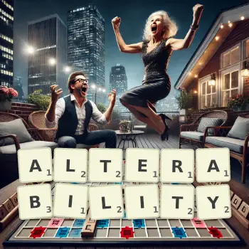 Creative illustration for a Scrabble game with the word ALTERABILITY spelled out in tiles on the board.