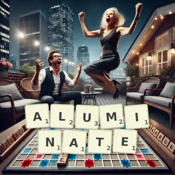 Creative illustration for a Scrabble game with the word ALUMINATE spelled out in tiles on the board.