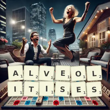 Creative illustration for a Scrabble game with the word ALVEOLITISES spelled out in tiles on the board.
