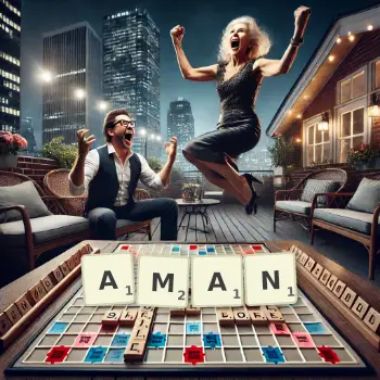 Creative illustration for a Scrabble game with the word AMAN spelled out in tiles on the board.