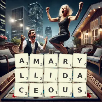 Creative illustration for a Scrabble game with the word AMARYLLIDACEOUS spelled out in tiles on the board.