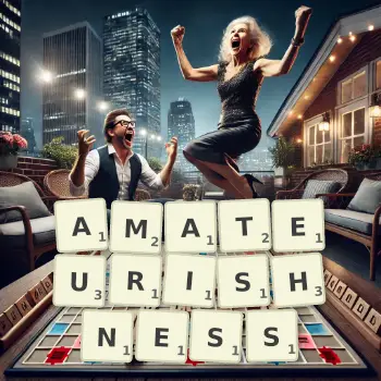 Creative illustration for a Scrabble game with the word AMATEURISHNESS spelled out in tiles on the board.