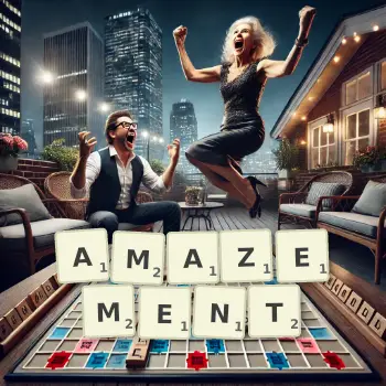 Creative illustration for a Scrabble game with the word AMAZEMENT spelled out in tiles on the board.