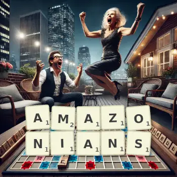 Creative illustration for a Scrabble game with the word AMAZONIANS spelled out in tiles on the board.