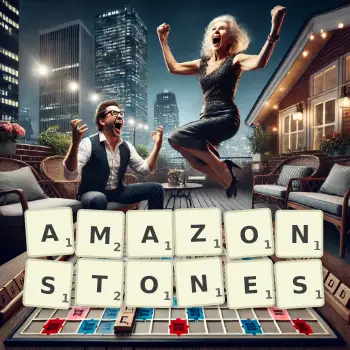 Creative illustration for a Scrabble game with the word AMAZONSTONES spelled out in tiles on the board.