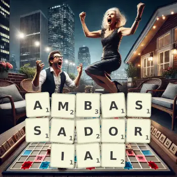 Creative illustration for a Scrabble game with the word AMBASSADORIAL spelled out in tiles on the board.