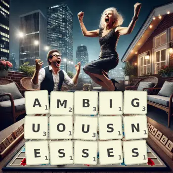 Creative illustration for a Scrabble game with the word AMBIGUOUSNESSES spelled out in tiles on the board.