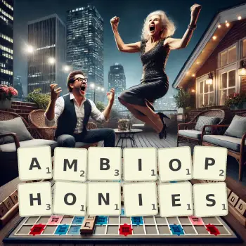 Creative illustration for a Scrabble game with the word AMBIOPHONIES spelled out in tiles on the board.