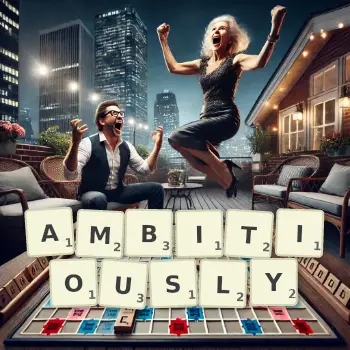 Creative illustration for a Scrabble game with the word AMBITIOUSLY spelled out in tiles on the board.