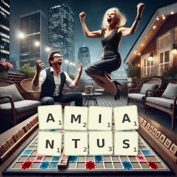 Creative illustration for a Scrabble game with the word AMIANTUS spelled out in tiles on the board.