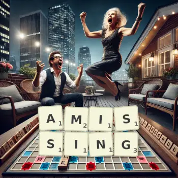 Creative illustration for a Scrabble game with the word AMISSING spelled out in tiles on the board.