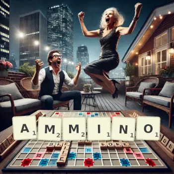 Creative illustration for a Scrabble game with the word AMMINO spelled out in tiles on the board.
