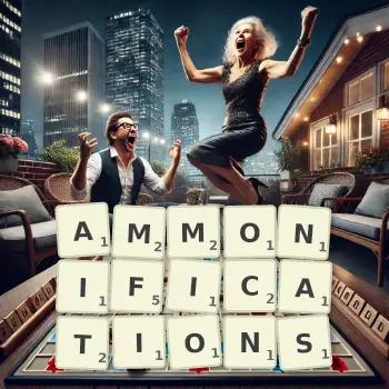 Creative illustration for a Scrabble game with the word AMMONIFICATIONS spelled out in tiles on the board.