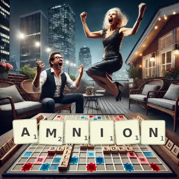 Creative illustration for a Scrabble game with the word AMNION spelled out in tiles on the board.