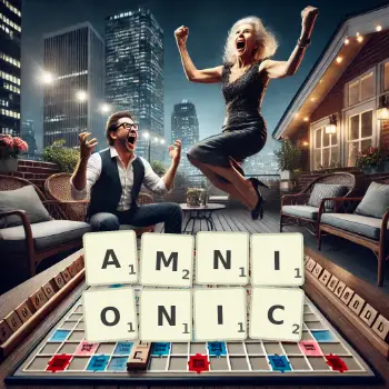 Creative illustration for a Scrabble game with the word AMNIONIC spelled out in tiles on the board.