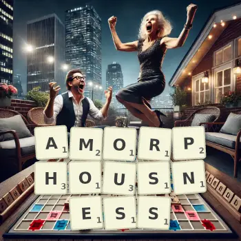 Creative illustration for a Scrabble game with the word AMORPHOUSNESS spelled out in tiles on the board.