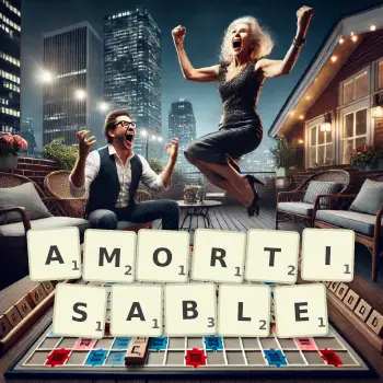 Creative illustration for a Scrabble game with the word AMORTISABLE spelled out in tiles on the board.