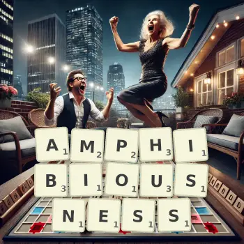 Creative illustration for a Scrabble game with the word AMPHIBIOUSNESS spelled out in tiles on the board.