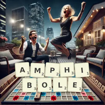 Creative illustration for a Scrabble game with the word AMPHIBOLE spelled out in tiles on the board.