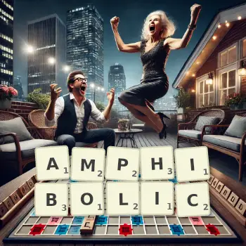 Creative illustration for a Scrabble game with the word AMPHIBOLIC spelled out in tiles on the board.