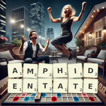 Creative illustration for a Scrabble game with the word AMPHIDENTATE spelled out in tiles on the board.