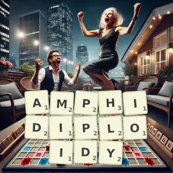 Creative illustration for a Scrabble game with the word AMPHIDIPLOIDY spelled out in tiles on the board.