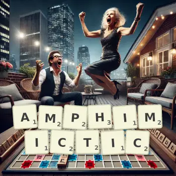 Creative illustration for a Scrabble game with the word AMPHIMICTIC spelled out in tiles on the board.