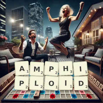 Creative illustration for a Scrabble game with the word AMPHIPLOID spelled out in tiles on the board.