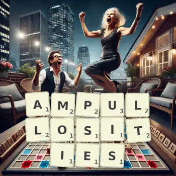 Creative illustration for a Scrabble game with the word AMPULLOSITIES spelled out in tiles on the board.